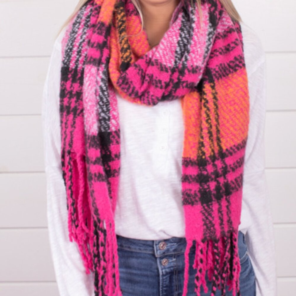 Free People Women's Tartan Plaid Blanket Scarf/Wrap In Pink & Orange